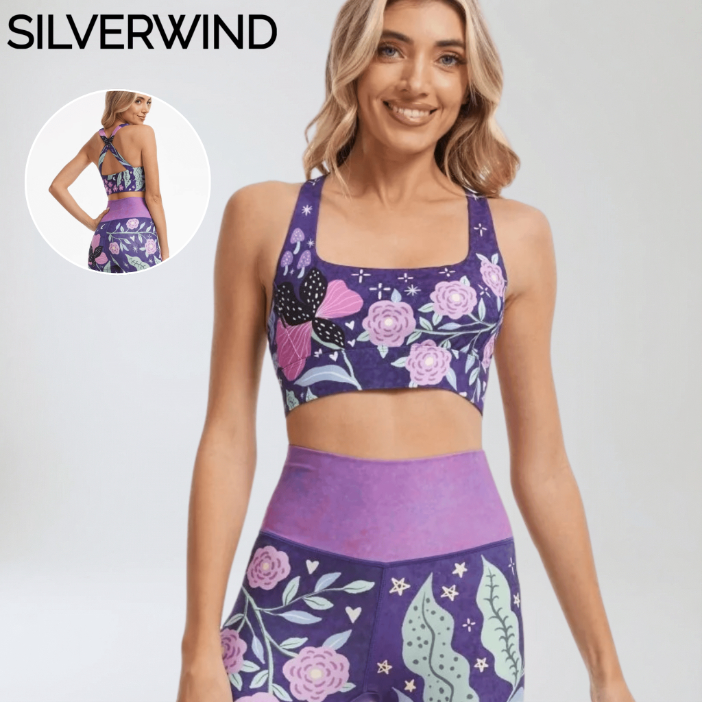 SILVERWIND Wild Growth Cross Back Sports Bra สําหรับผู้หญิง Strappy Criss Cross Bra สําหรับผู้ใหญ่พิลาทิสออกกําลังกายฟิตเนสวิ่งเดินป่า,ไม่มีรอยต่อ Comfort การออกแบบที่ไม่ซ้ําใคร