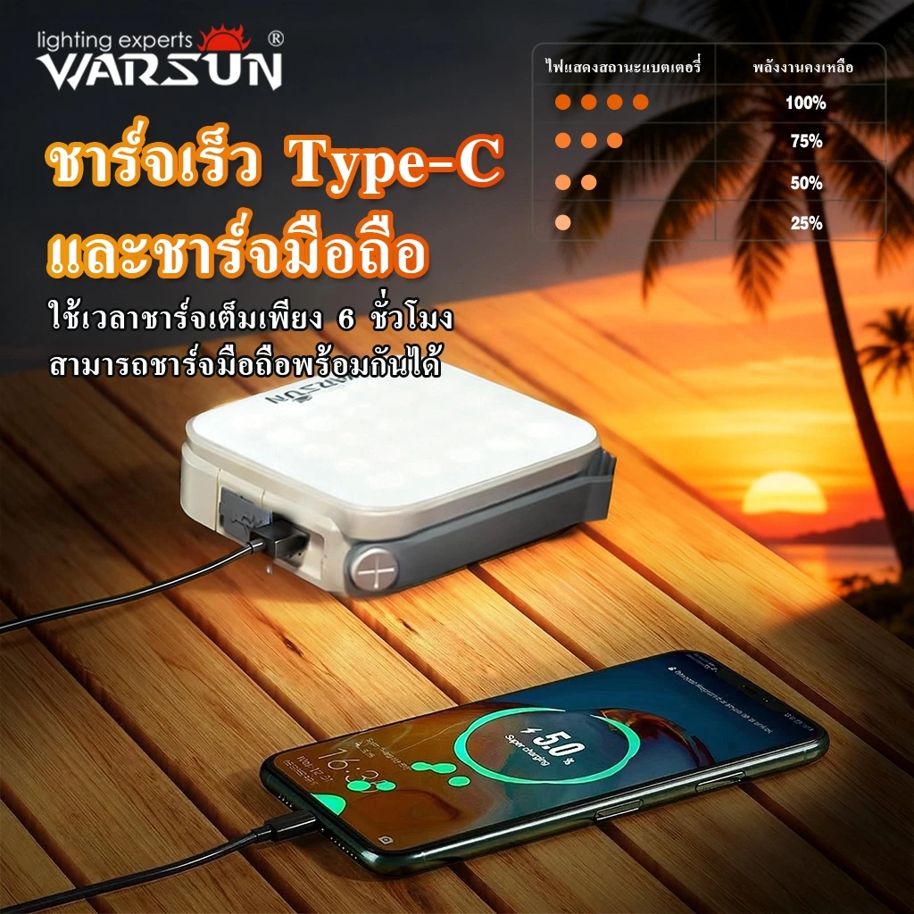 Warsun CP36 โคมไฟแคมป์ปิ้ง USB-C ชาร์จโซลาร์ สว่างมาก ใช้งานได้นาน มีตะขอ thumbnail 10