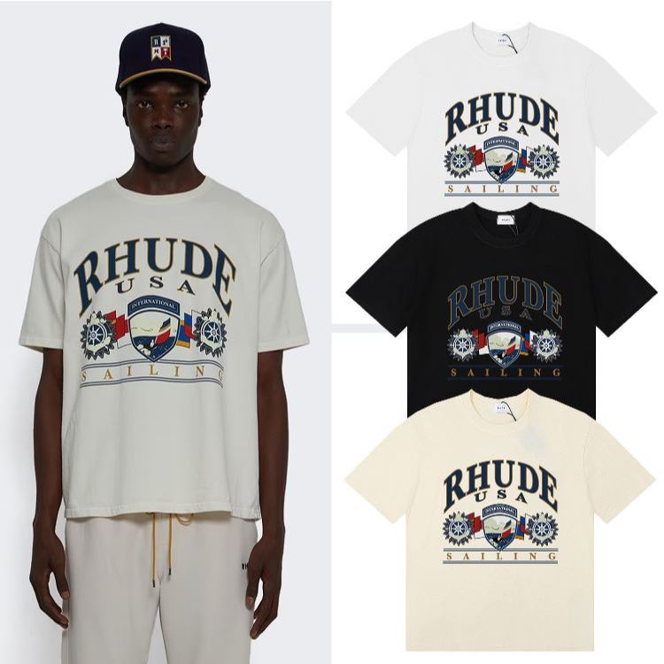 Rhude USA Sailing พิมพ์คุณภาพสูงเส้นด้ายคู่ผ้าฝ้ายเสื้อยืดผู้ชายผู้หญิงแฟชั่น Streetwear