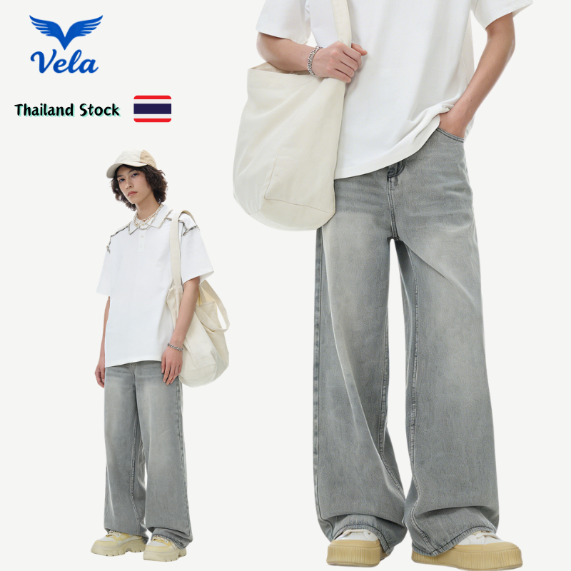 VELA-กางเกงยีนส์ขายาวผู้ชาย เอวสูง ใส่สบาย สีเทา ขากระบอก อเมริกันย้อนยุค เอวสูง  ขากว้าง สไตล์เกาหลีสตรีทจัดส่งรวดเร็ว