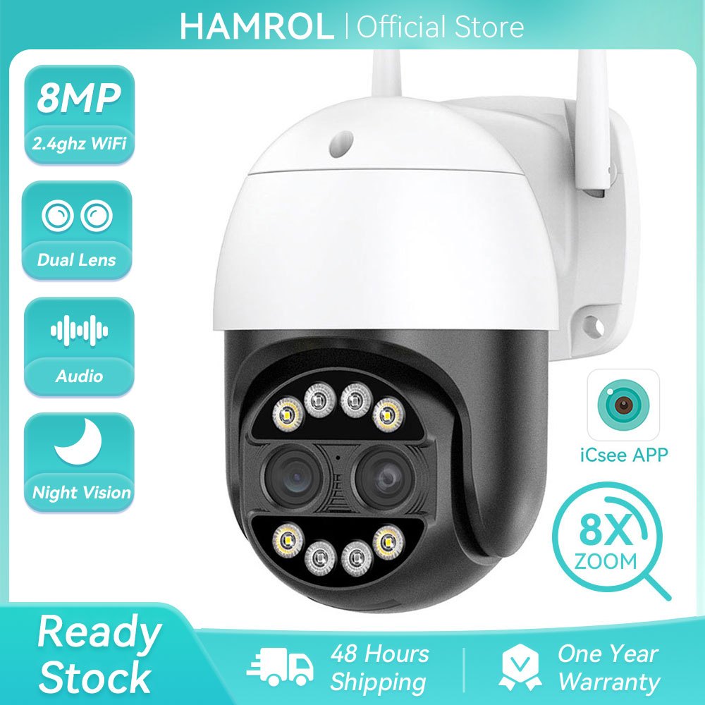 Hamrol 4K 8MP dual lens 8X Zoom PTZ Wireless IP Camera Outdoor IP66 Waterproof Security CCTV