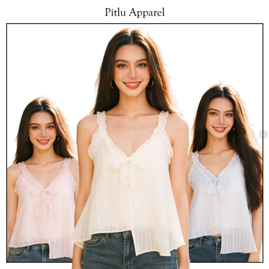 pitlu เสื้อท็อปสไพร์ลายรอยบัว สีขาวมัน ขนาดS-XL ผ้าอ่อนนุ่ม ใส่สบาย แฟชั่น