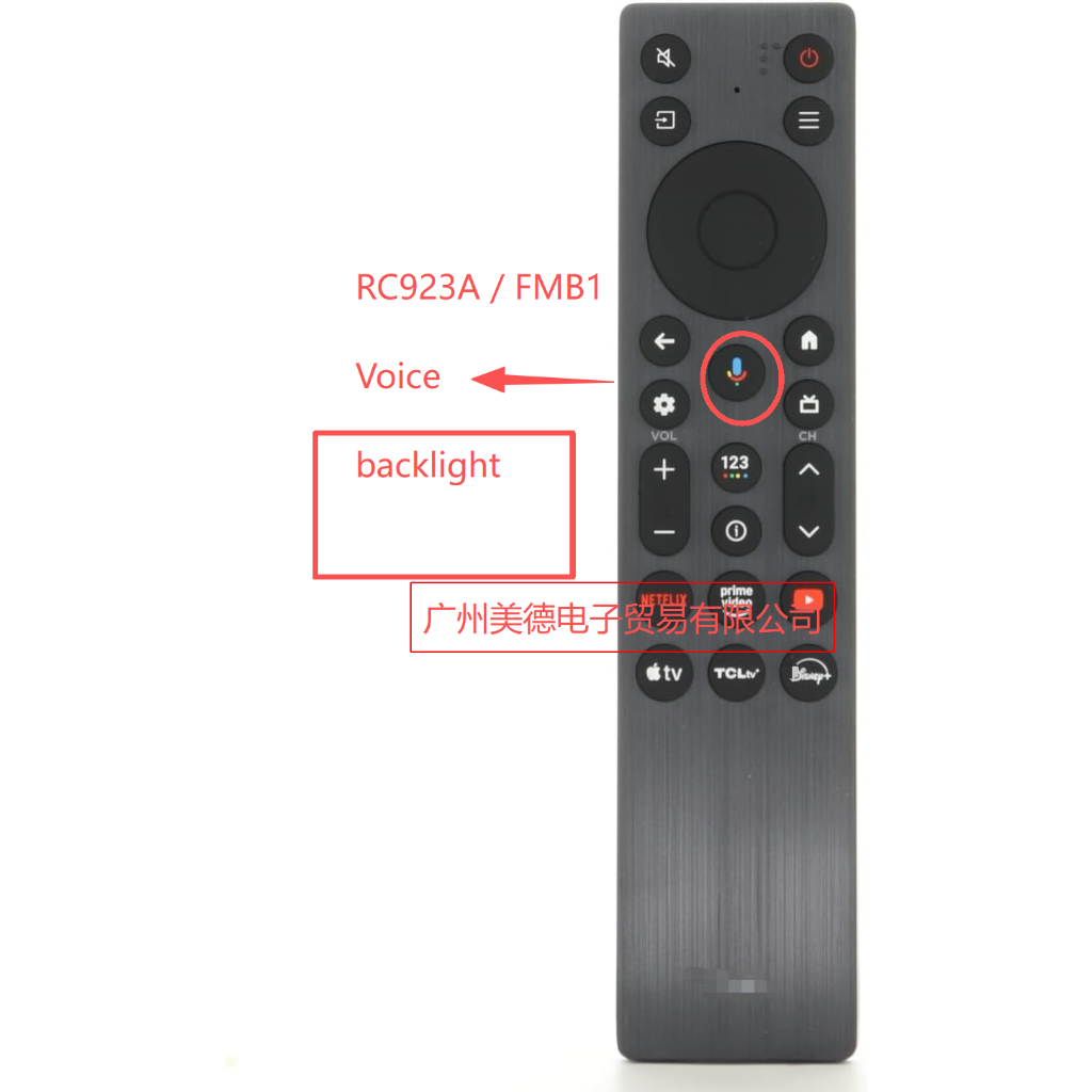 RC923A / FMB1 เสียงแบ็คไลท์รีโมทคอนโทรลสําหรับ TCL QLED + QLED Mini Google TV, Series QM5K, QM6K, QM
