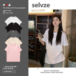 SELVZE（จัดส่งตลอด 24 ชั่วโมง）oversize T-shirt，ลำลองสีทึบแขนส…