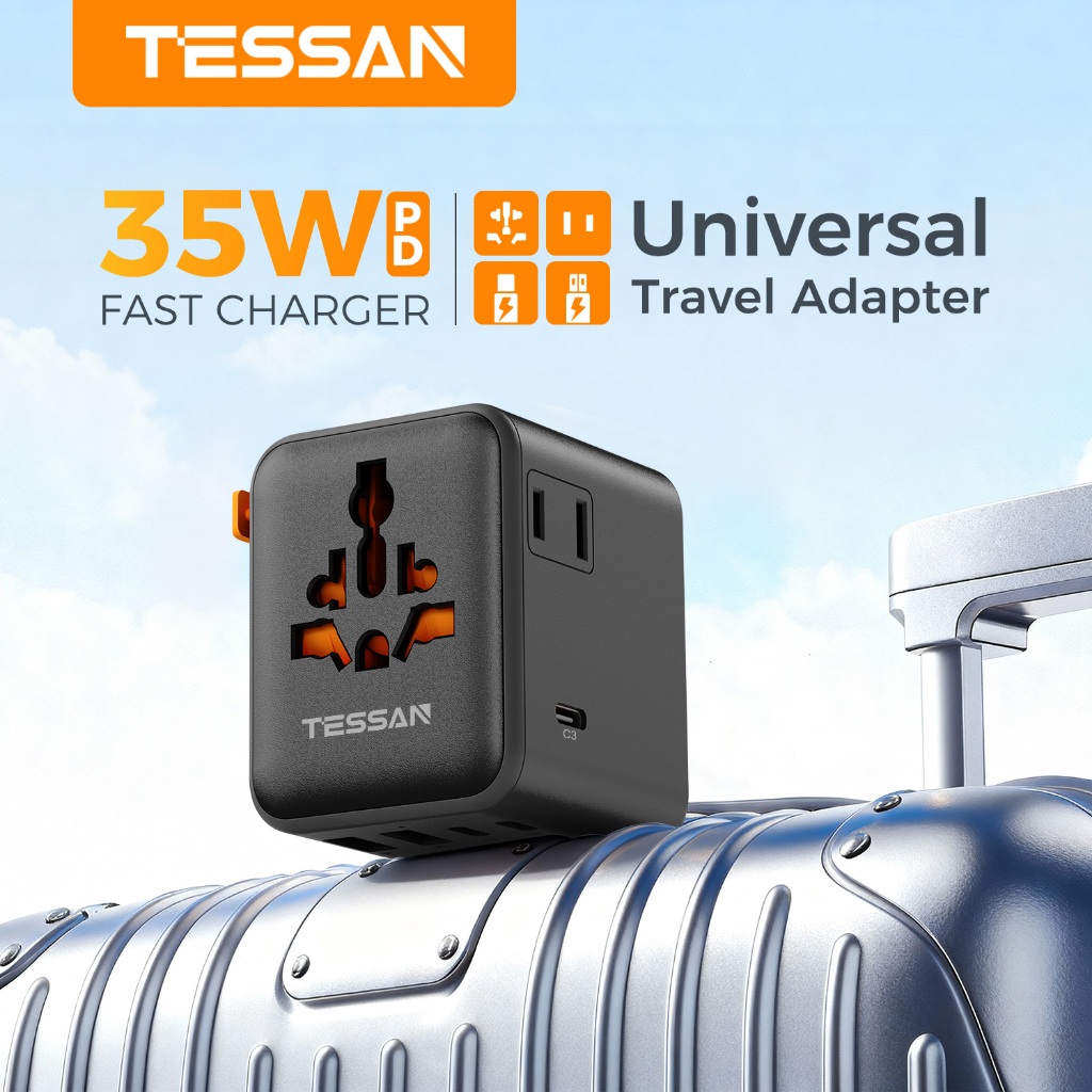 TESSAN 17W/20W/28W/35W/65W/100W หัวแปลงปลั๊กต่างประเทศ Travel Adapter มาพร้อม ช่อง Type-C และ USB-A