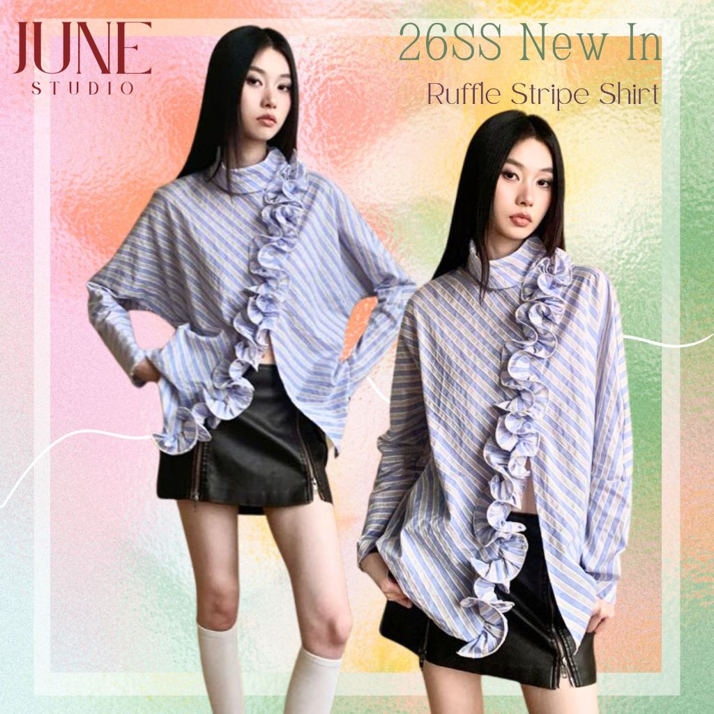 [June Studio] เสื้อเชิ้ตแขนยาวลายทางเฉียง สีน้ำเงิน ดีไซน์ทันสมัย