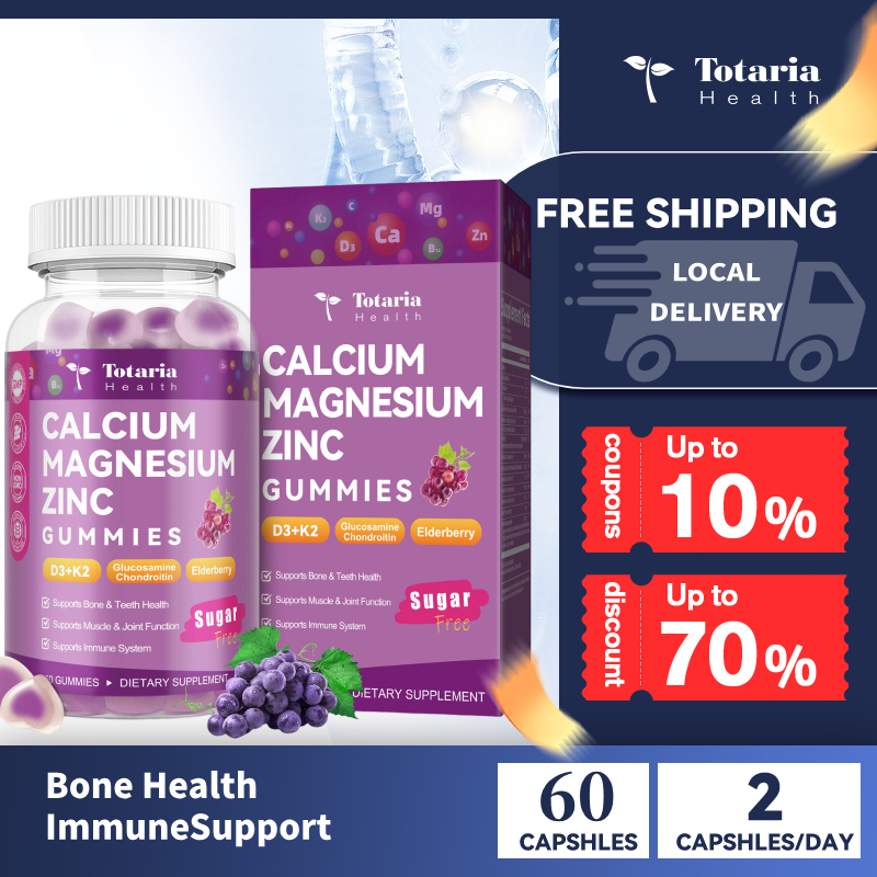 Totaria แคลเซียมปราศจากน้ําตาล Magnesium Zinc Gummies สําหรับผู้หญิงผู้ชาย, 19-in-1 Ultimate Absorption Calcium 1200 mg อาหารเสริมวิตามิน D3 K2, B12, Ashwagandha สําหรับกระดูก, ฟัน
