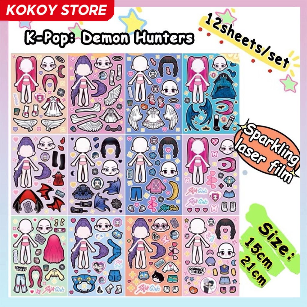 12ชิ้น/เซ็ต สติกเกอร์แต่งตัว K-POP Demon Hunters Ange DIY ปาซเซิล ของเล่นเด็กการศึกษา ตกแต่งเคสโทรศัพท์ สมุดโน้ต