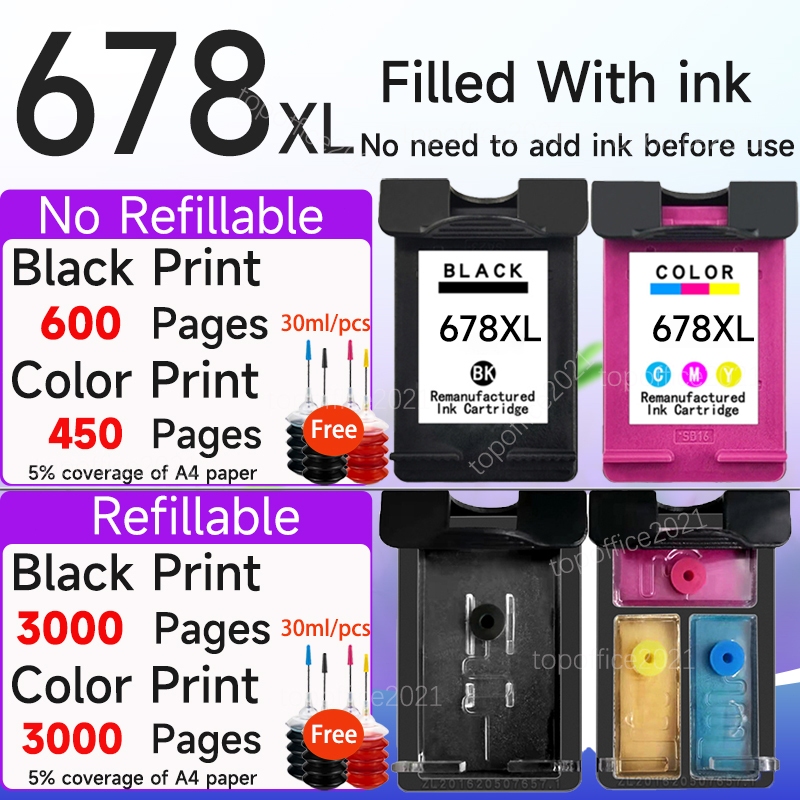 ใช้งานร่วมกับ hp 678xl หมึก hp678 xl hp 678 xl สีดํา 678xl refil filterabe ตลับหมึกสําหรับ Deskjet 1