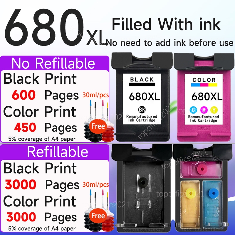 ตลับหมึก HP 680XL HP 680 ที่รองรับ HP XXL680 สีดํา HP 680 สีเติม HP 680 Ink 2677 / 2678 / 5088 / 507