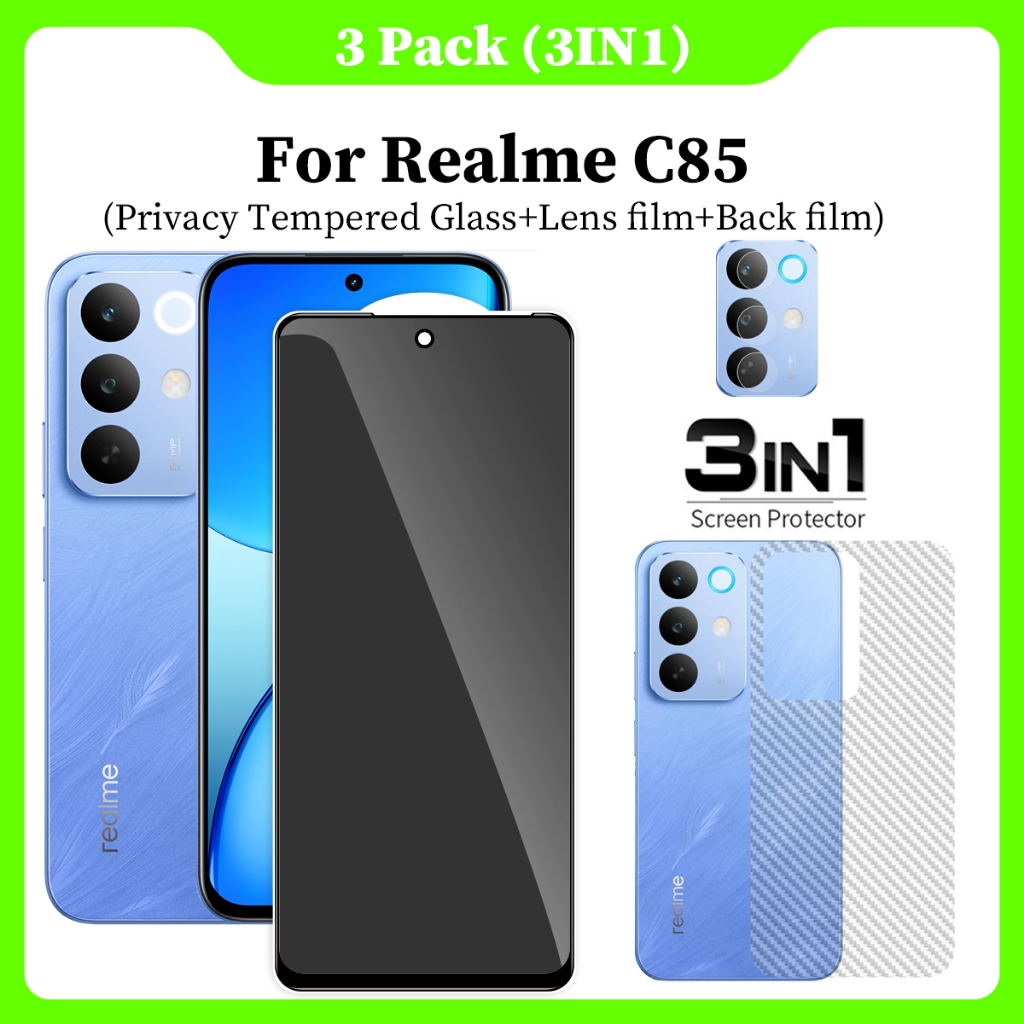 (3 In 1) กระจกนิรภัยสําหรับ Realme C85 ป้องกันหน้าจอความละเอียดสูง frosted ความเป็นส่วนตัวเซรามิคฟิล์มนุ่ม + ฟิล์มเลนส์กล้อง + ฟิล์มด้านหลังคาร์บอนไฟเบอร์
