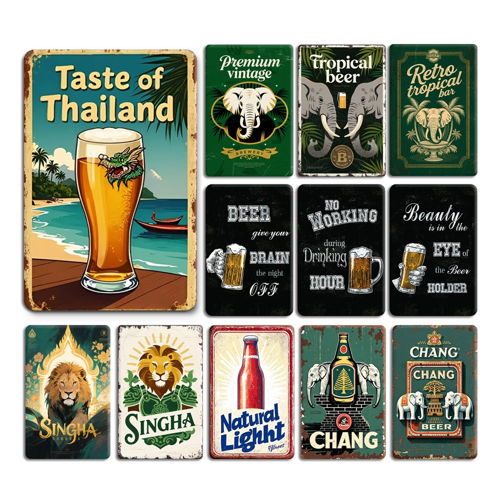 🍺ป้ายสังกะสีลายเครื่องดื่ม 🍺 ป้ายเบียร์วินเทจ ติดผนังร้านเหล้า ร้านอาหาร ขนาด 20x30 ซม