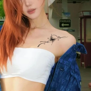 รอยสักลายผีเสื้อเต็มไปด้วยดวงดาวสาวเซ็กซี่กระดูกไหปลาร้าพืชสักสติกเกอร์รอยสักกันน้ําติดทนนาน15วันสติกเกอร์ผิวรอยสักปลอมชั่วคราว