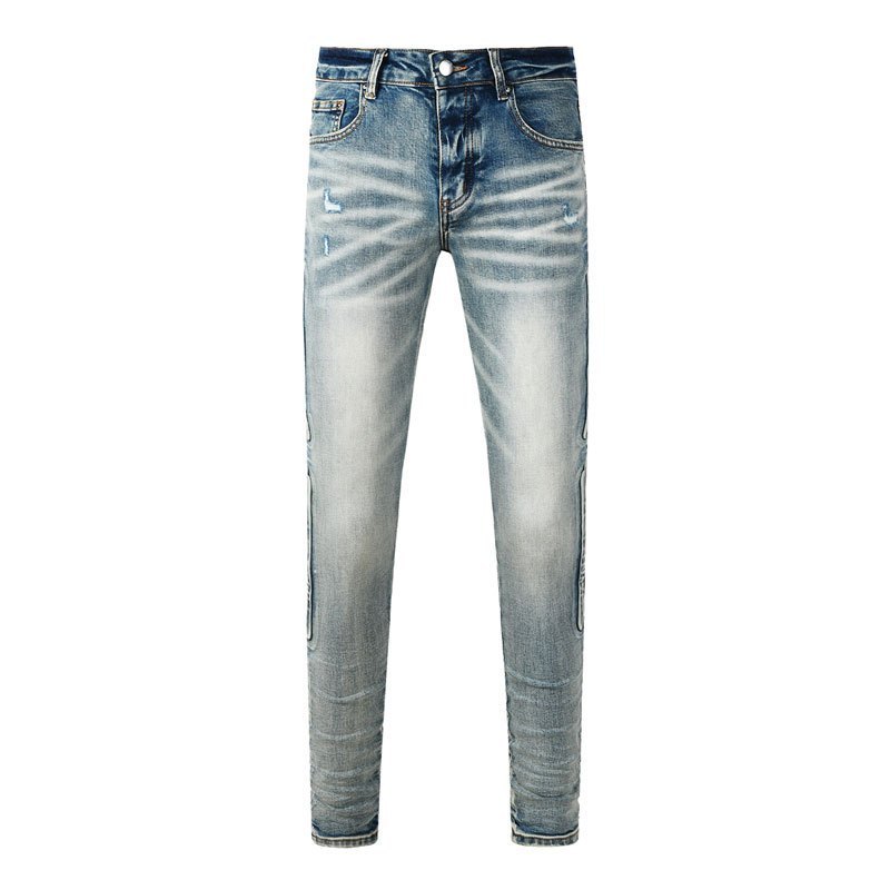 Amiri แฟชั่นสตรีทสูงแฟชั่นกางเกงยีนส์ผู้ชายสีฟ้าสลิมพอดียืดหยุ่นประกบกางเกงยีนส์ผู้ชายวินเทจ