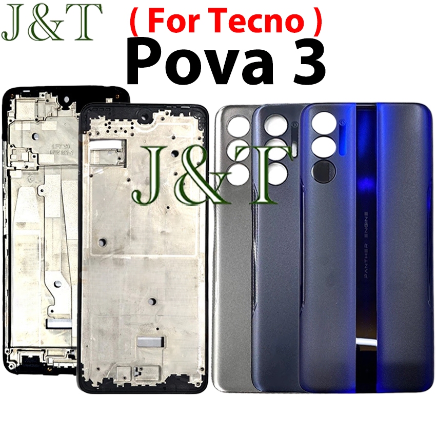 ด้านหลังสําหรับ Tecno Pova 3 LF7 LF7n ฝาหลังแบตเตอรี่ + กรอบ LCD กรอบกลางพร้อมปุ่มที่อยู่อาศัยด้านหล