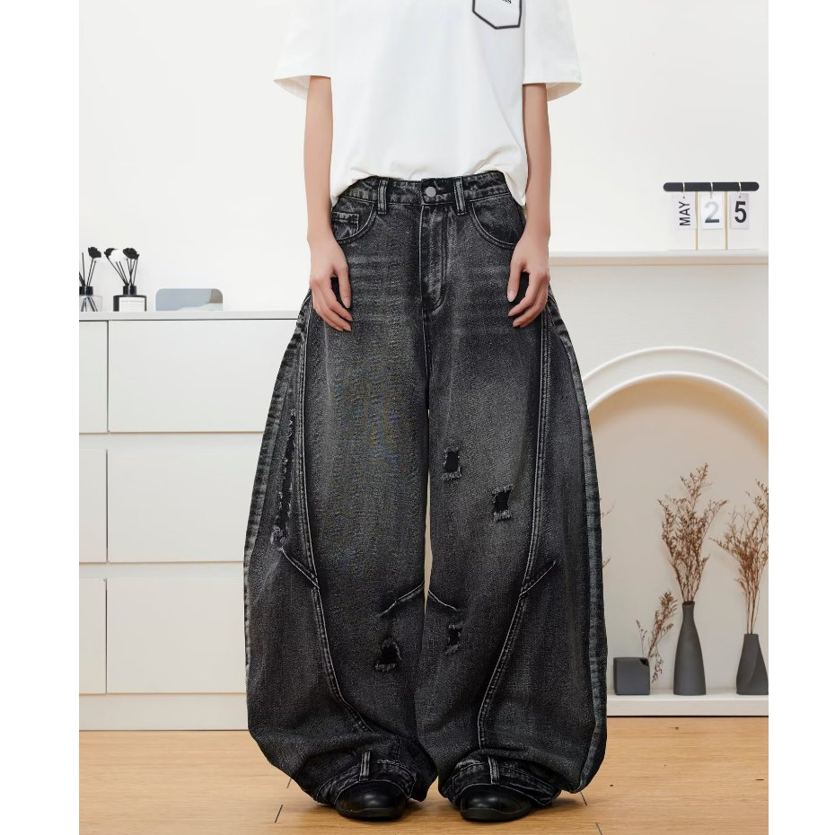 Femca กางเกงยีนส์สีดำ คุณภาพสูง ขากว้าง อเมริกัน high street ins แฟชั่น ชายหญิง M-3XL