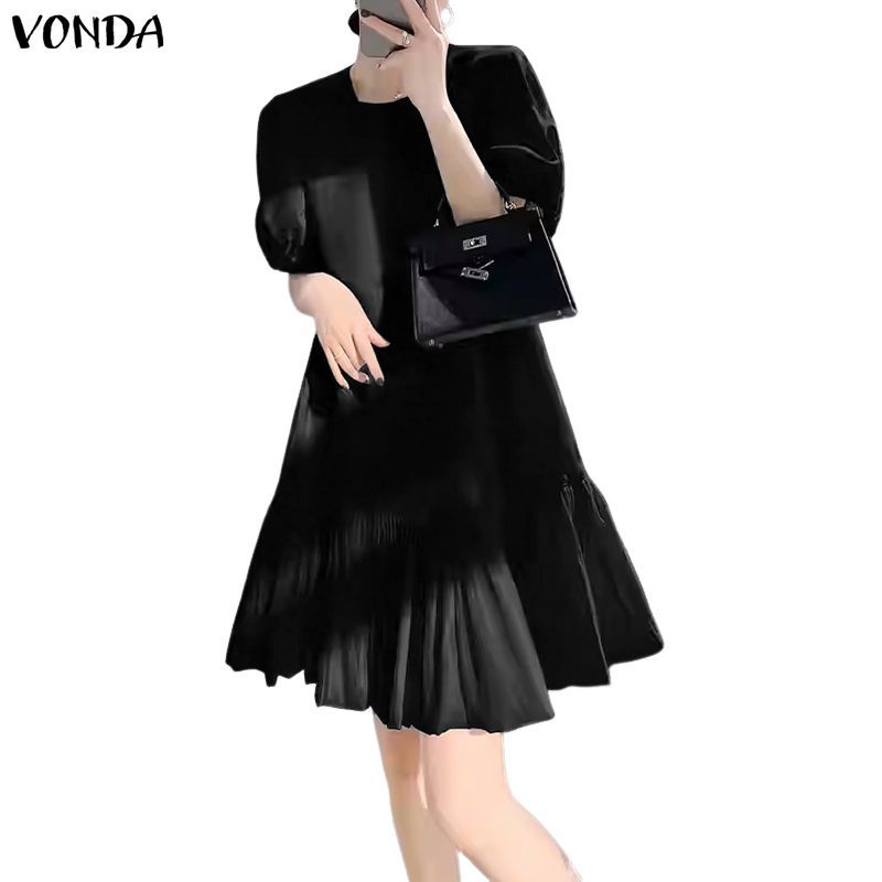 VONDA กระโปรงซีไลน์สำหรับผู้หญิง ดีไซน์เกาหลี รอบคอกว้าง พัฟแขนและขอบตัวเสื้อริมฟลุ๊ป เหมาะสำหรับฤดูร้อน