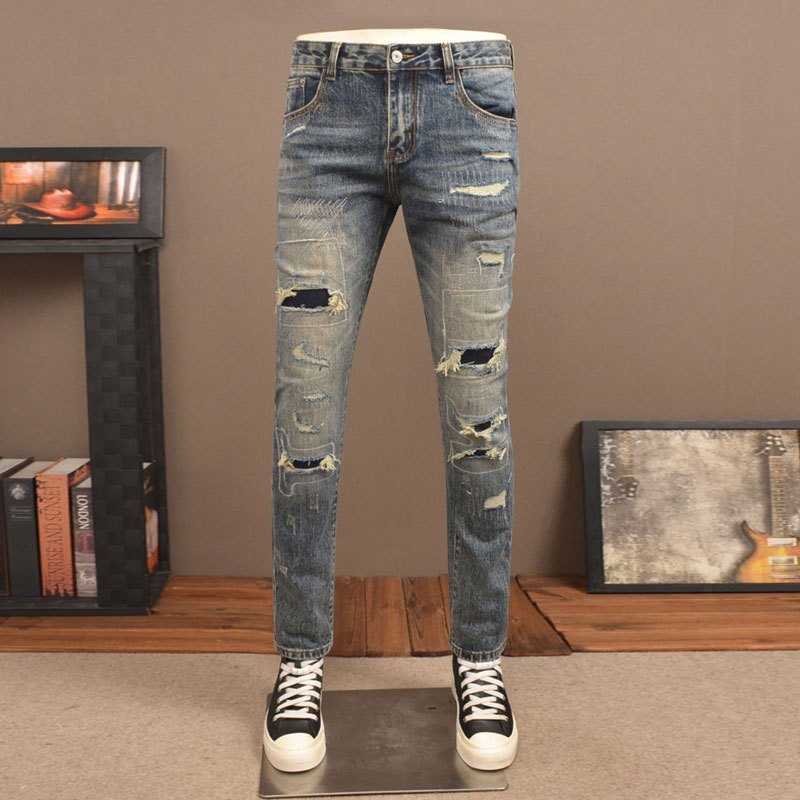 High street fashion men jeans slim fit elastic version jeans tear patch retro style men denim pants