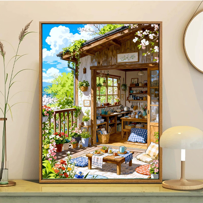 บ้านไม้ / ระบายสีตามตัวเลข / ศิลปะผนัง / ภาพวาดผ้าใบ / ตกแต่งห้องนั่งเล่น / ตกแต่งบ้าน / วอลล์เปเปอร์