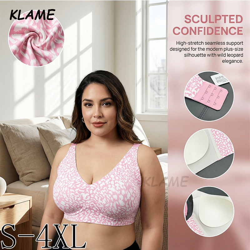 KLAME M-4XL Plus ขนาดผู้หญิง 3D บางถ้วย V คอไม่มีรอยต่อ Push Up ไร้สายเสือดาว Jelly Bra KLM1589