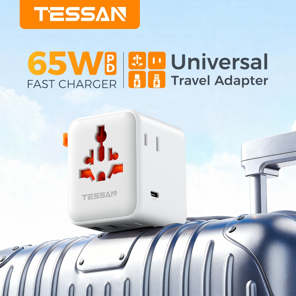 TESSAN 35W/65W/100W หัวแปลงปลั๊กไฟ Universal Travel Adapter มาพร้อม ช่อง USB-C+USB A 200+ ประเทศ
