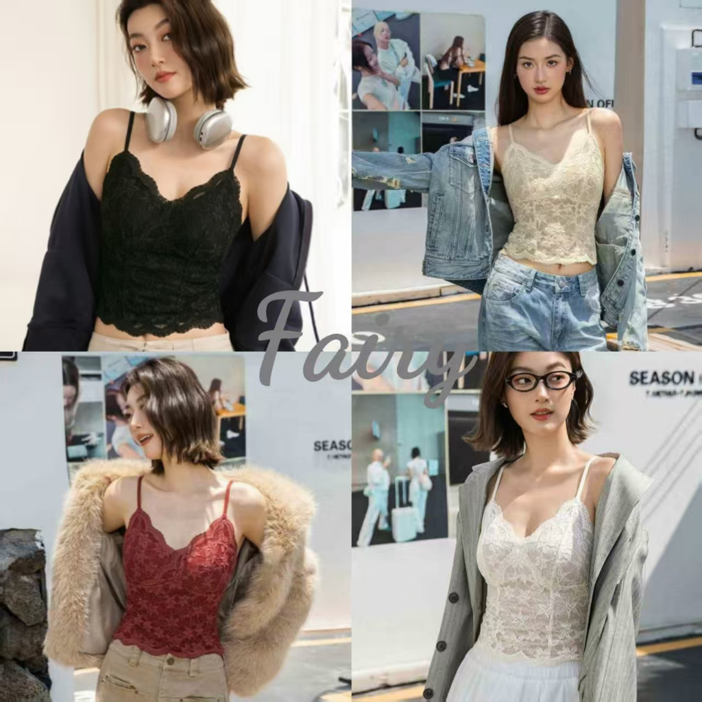 Fariy🍒คลังสินค้าพร้อม🍒 เสื้อสายเดี่ยวลูกไม้สำหรับผู้หญิง รุ่นใหม่ปี 2026 สามารถใส่เป็นเสื้อตัวนอกร่วมกับแผ่นเสริมทรงได้