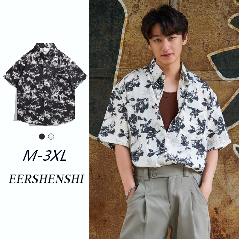 Eershenshhi เสื้อเชิ้ตลายดอกไม้สไตล์ฮ่องกงสำหรับผู้ชาย เสื้อเชิ้ตแขนสั้นหลวมย้อนยุค