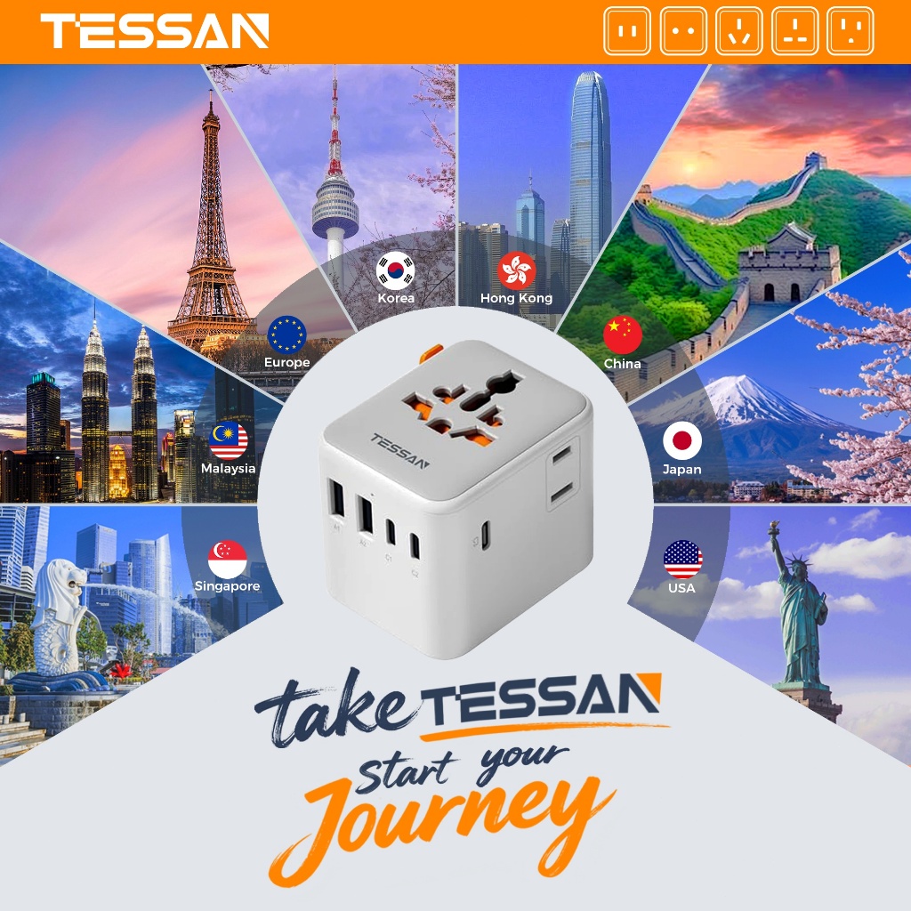 TESSAN Universal Travel Adapter 35W/65W/100W หัวแปลงปลั๊กไฟ มาพร้อม ช่อง Type-C และ USB-A