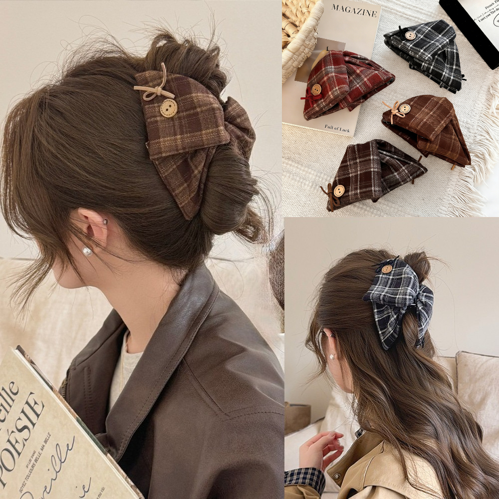 ปุ่มเกาหลีลายสก๊อตสามเหลี่ยม สำหรับทรงผม vintage updo และหางม้า เครื่องประดับผมแฟชั่น ราคา ถูกที่สุด ดีลบีเคเค