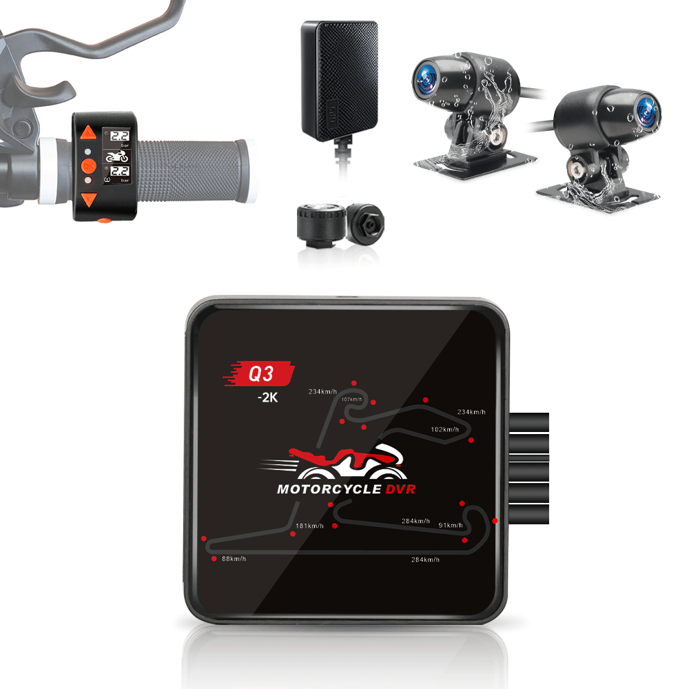 VSYS กล้องรถจักรยานยนต์ Q3 2K กล้องหน้าและหลัง 30FPS รองรับ 5G WiFi การตรวจสอบที่จอดรถ, คอนโทรลเลอร์แบบมีสาย OLED, เซ็นเซอร์ความดันยาง