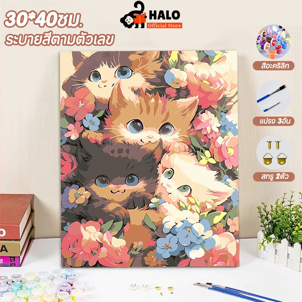 ระบายสีตามตัวเลข 30*40ซม ผ้าใบ+กรอบไม้+แปรง+สีอะคริลิค ของขวัญเด็ก DIY ตกแต่งผนังบ้าน
