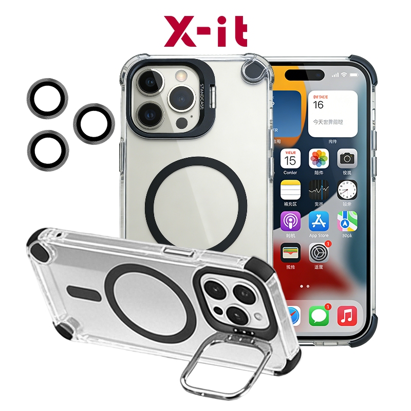 [x-it]เคสโทรศัพท์เคสใสแม่เหล็กสําหรับiPhone 17 Pro 17ProMax 16ProMax16 15plus 14 13 12 11พร้อมขาตั้งและตัวป้องกันเลนส์ฟรี