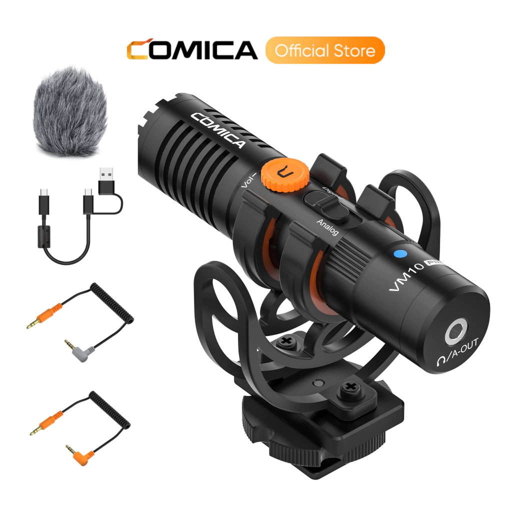 COMICA VM10 Pro Shotgun Microphone Plug and Play แบบไม่มีแบตเตอรี่พร้อม Shock Mount, Gain Control และ Wind Muff, ไมโครโฟนวิดีโอสําหรับสมาร์ทโฟน, กล้อง DSLR, Comp