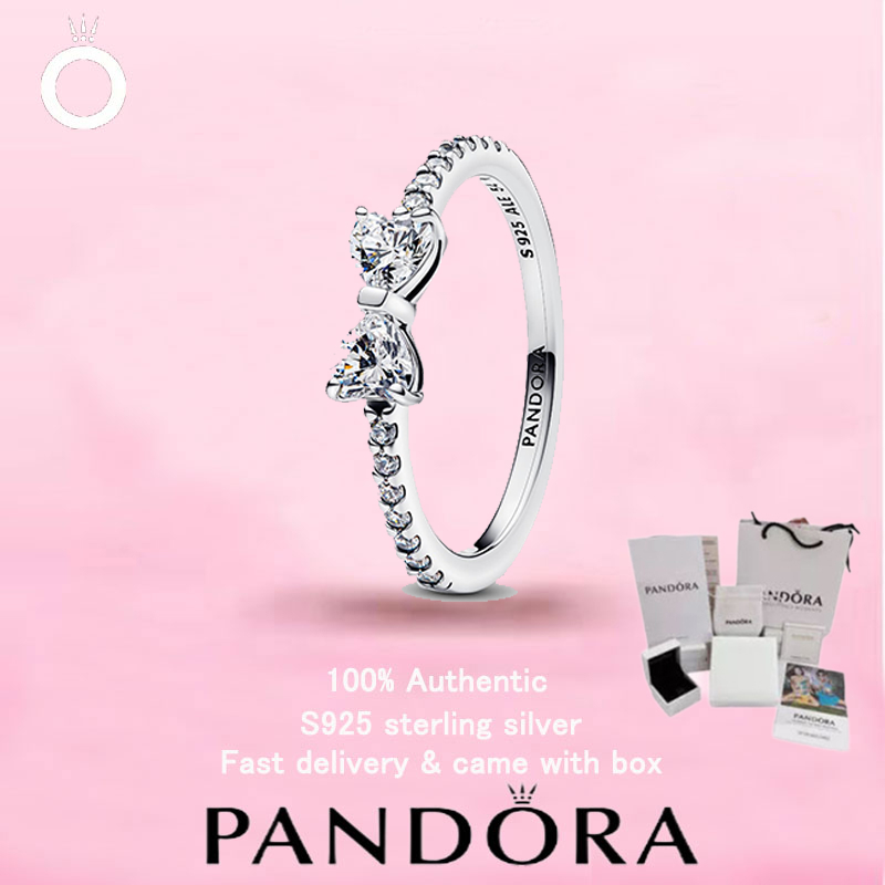 (123)New PANDORA S925 เครื่องประดับเงินสเตอร์ลิงของขวัญวันวาเลนไทน์ Top Choice แหวนโบว์ประกาย