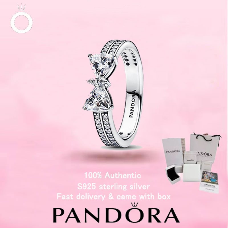 (124)ใหม่ PANDORA S925 เครื่องประดับเงินสเตอร์ลิงของขวัญวันวาเลนไทน์ Top Choice แหวนสองแถวโบว์ประกาย