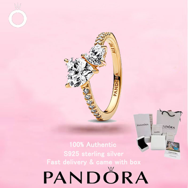(125)New PANDORA Gold Plated Jewelry ของขวัญวันวาเลนไทน์ Top Choice Double Heart Sparkling Ring