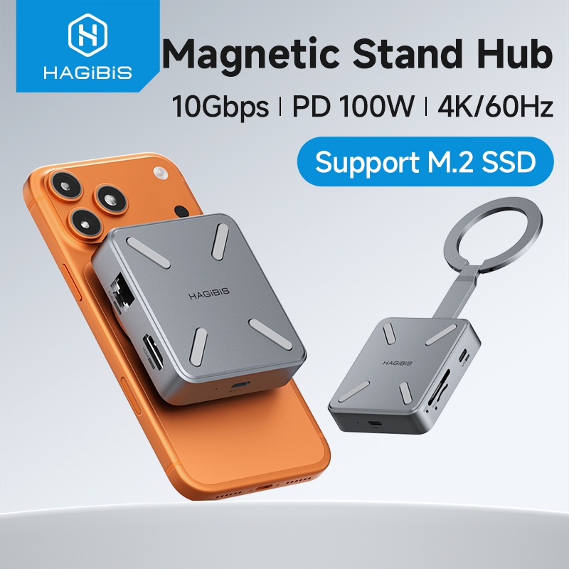 Hagibis ขาตั้งแม่เหล็ก USB C Hub พร้อม 2230 SSD Enclosure Type-C Hub SD/TF 4.0 4K @ 60Hz HDMI Gigabi