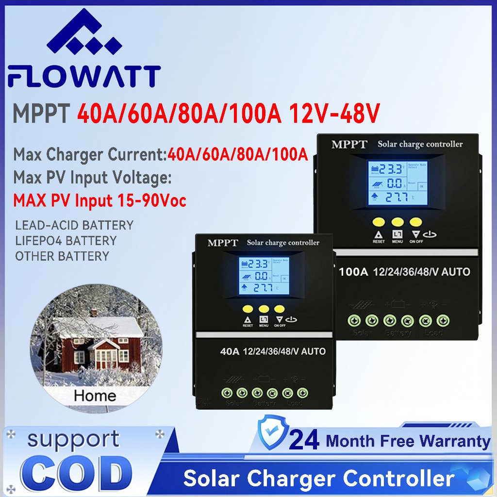Flowatt Solar Controller 40A/60A/80A/100A MPPT Solar Charge Controller 100VอินพุตDual USB 12V 24V 36