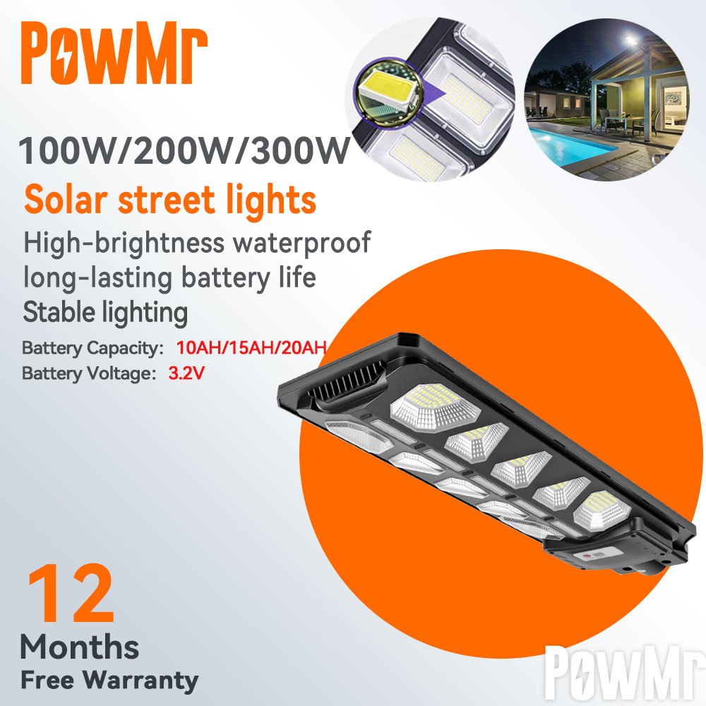 PowMr 100 W/200 W/300 W ไฟถนนพลังงานแสงอาทิตย์กลางแจ้ง IP65 กันน้ํา LED ไฟถนนเหมาะสําหรับ 10AH/15AH/20AH แบตเตอรี่ Stable Lighting อลูมิเนียมเหมาะสําหรับสวน, Courtyard