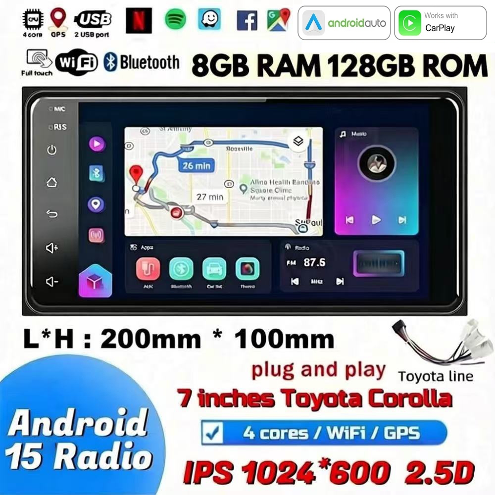 [8+128G] 8 นิ้วAndroid 15 Double 2dinบลูทูธวิทยุติดรถยนต์เครื่องเล่นAndroid /Wifi/GPS/USB/FMสําหรับT