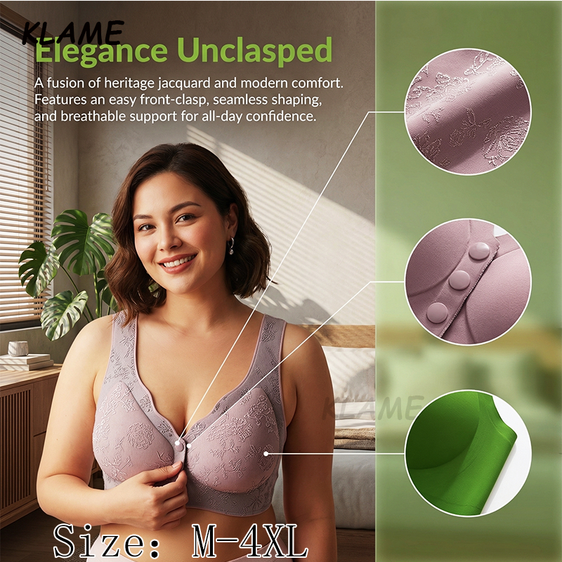 KLAME M-4XL 3D ถ้วยบางที่ถอดออกได้ Padding Seamless V คอเย็บปักถักร้อยด้านหน้าปิดไร้สาย Bra KLM1577