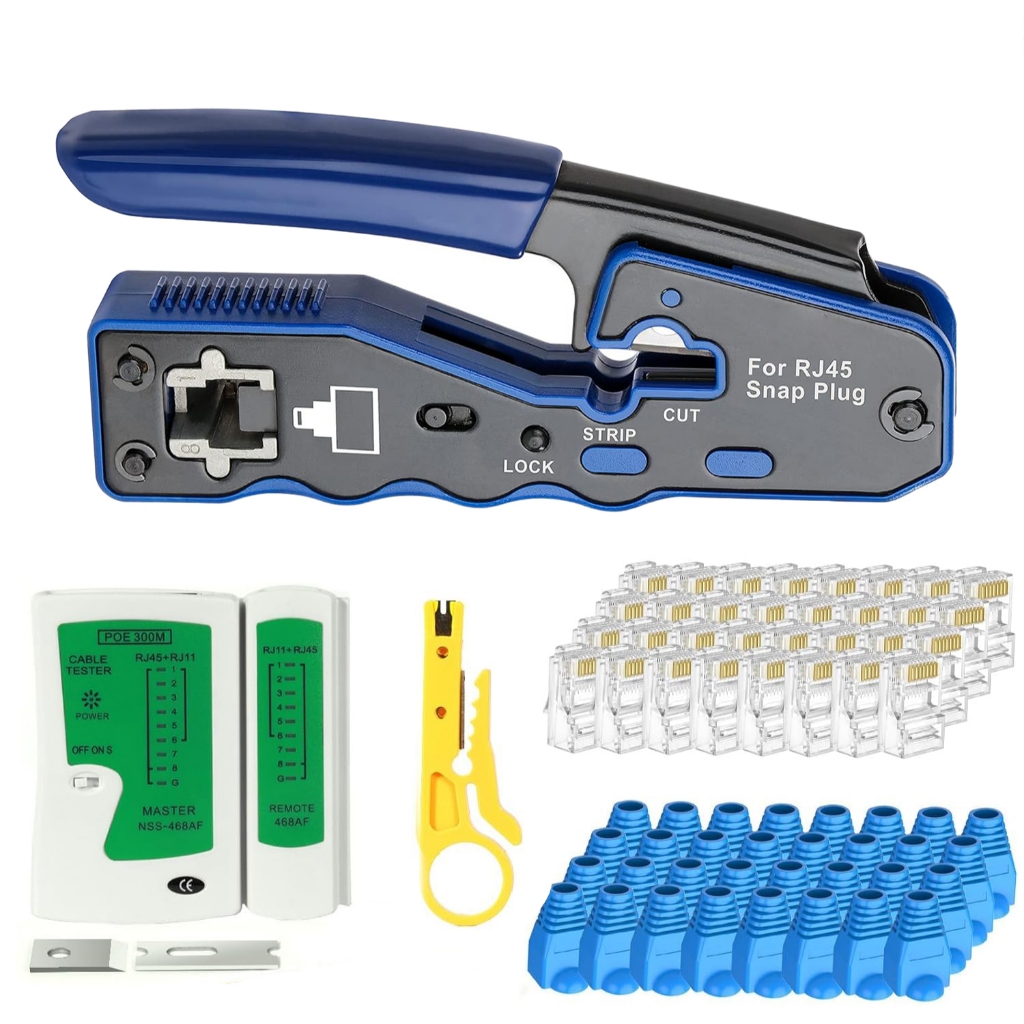 ชุดเครื่องมือจีบ RJ45, คีมย้ําอีเธอร์เน็ตออลอินวันพร้อม Cat6 RJ45 ผ่านตัวเชื่อมต่อและรองเท้าเชื่อมต่อ, เครื่องทดสอบสายเคเบิลเครือข่าย