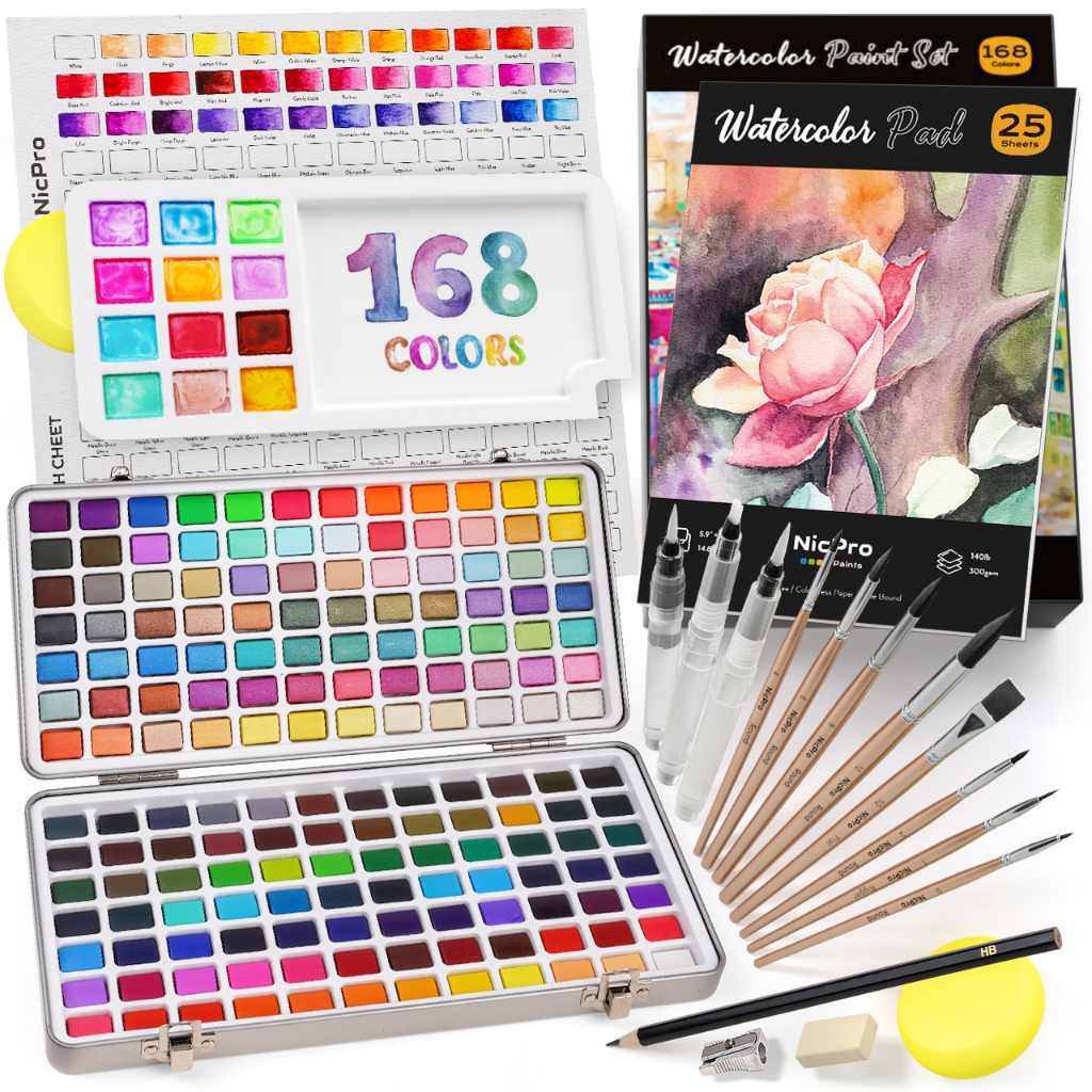 นิคโปร 168 สีสีน้ําชุดสีรวม โลหะ มาการอง ลูกอม เรืองแสง, 8 แปรงภาพวาดกระรอกสังเคราะห์, 25 กระดาษสีน้ํา, จานสี, ชุดอุปกรณ์ศิลปะสําหรับศิลปิน