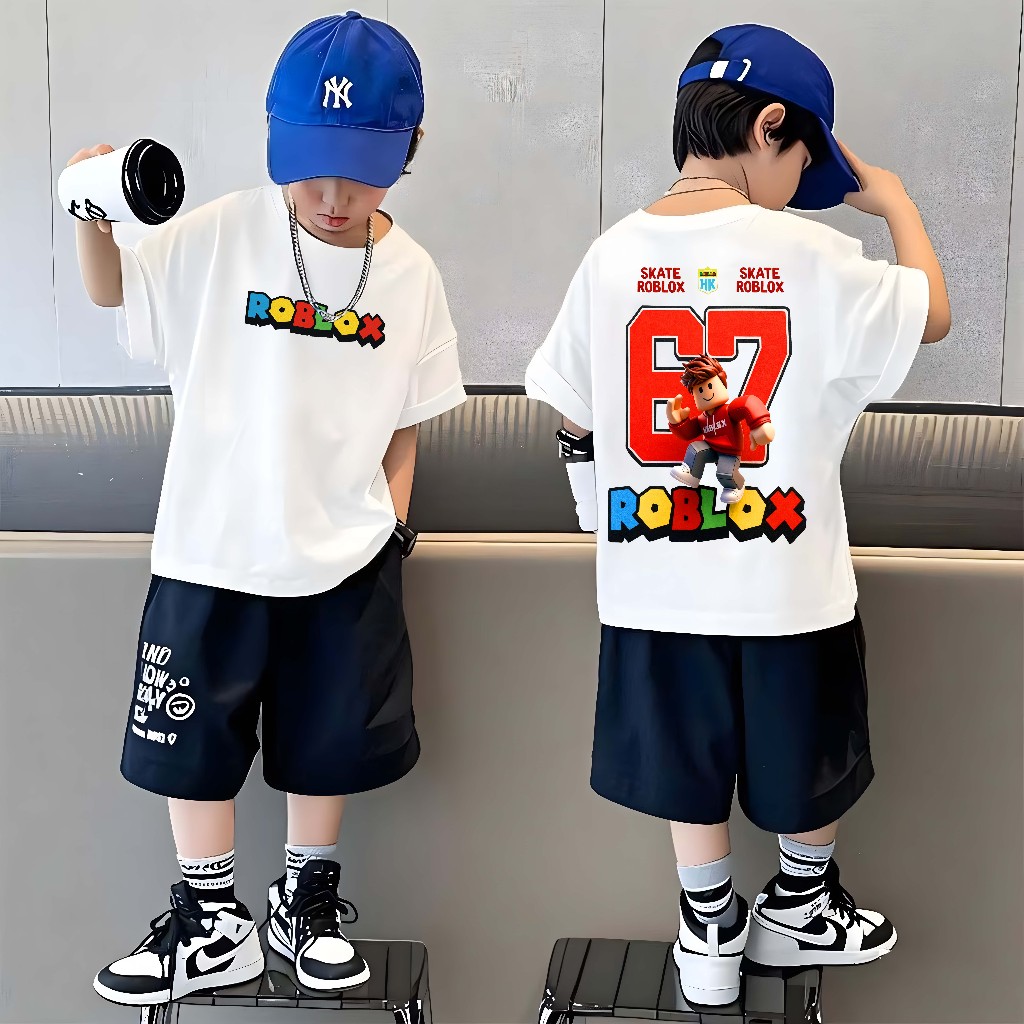 【24 ชั่วโมง】เสื้อยืดเด็ก ผ้าคอตตอน ลวดลายของ Roblox ลวดลายการ์ตูน 67 สบายและระบายอากาศ สีขาว จัดส่งจากกรุงเทพฯ