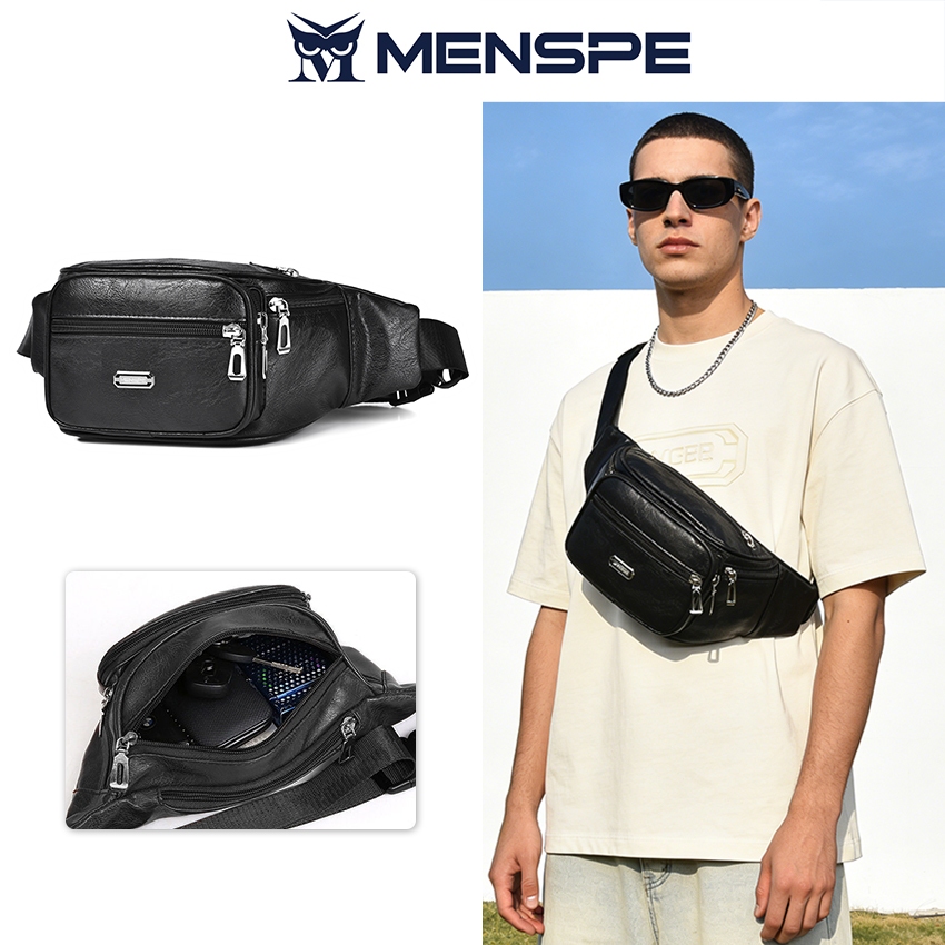 MENSPE กระเป๋าคาดหน้าอก Unisex กระเป๋าคาดเอว กระเป๋า PU กันน้ํา กระเป๋าธุรกิจ