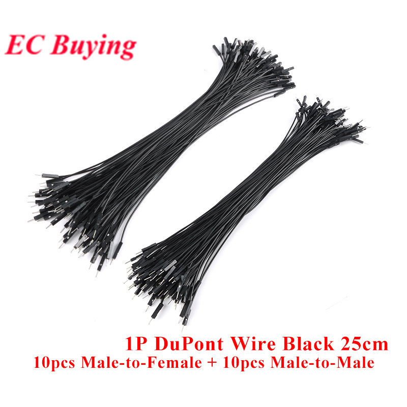 10pcs Male-to-Female + 10pcs Male-to-Male สีดํา 24 AWG Single-Core 1P DuPont Jumper Wires  2.54mm Pi