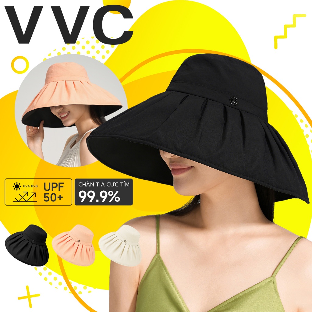VVC หมวกกันแดดผู้หญิงปีกกว้าง วัสดุไวนิล UPF50+ ป้องกันใบหน้า