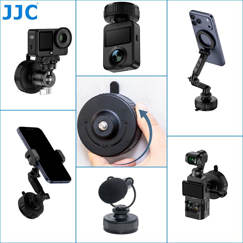 JJC หมุนถ้วยดูดสูญญากาศ Mount พร้อมที่วางโทรศัพท์สําหรับ DJI OSMO Pocket 4 3 Action 6 5 Pro Nano, 1/4 "-20 ขาตั้งกล้องสกรู, รถแดชบอร์ดหน้าต่างลู่วิ่งติดตั้งเดสก์ท็อปยิง