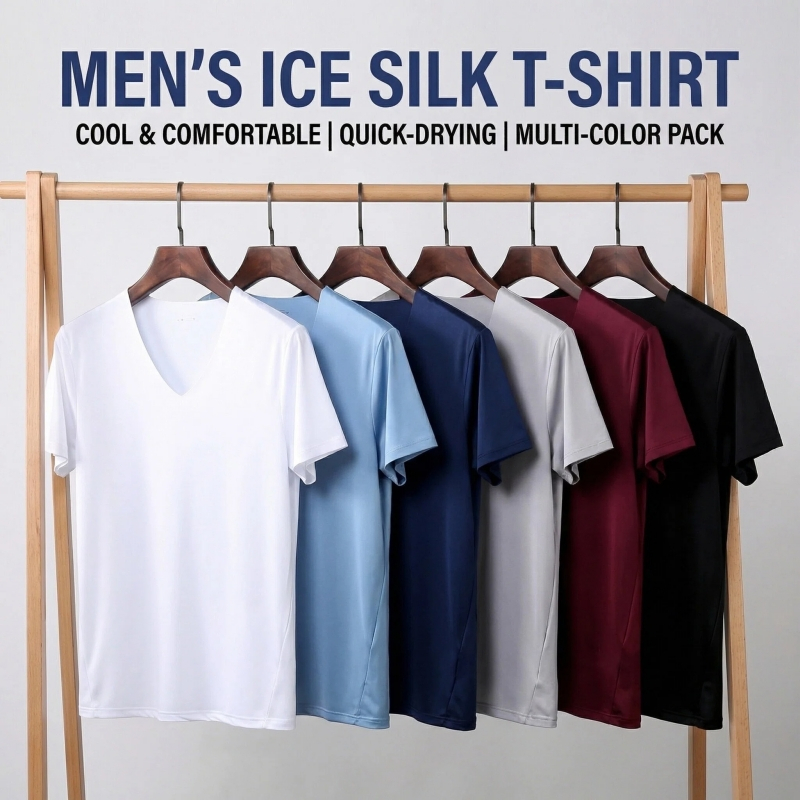 ผู้ชายยืดหยุ่นผ้าไหมน้ําแข็งเสื้อยืด Slim Fit แขนสั้น V คอ Tees Cooling ไม่มีรอยต่อด้านใน Top Baju Lengan Lelaki