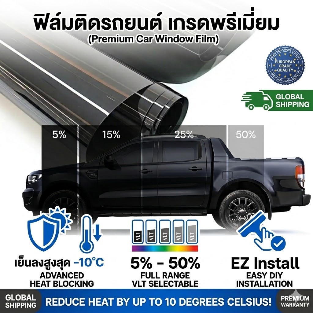 ฟิล์มติดรถยนต์ เกรดพรีเมียม (Premium Car Window Film) - ป้องกันความร้อน (-10°C), UV 99.9%, DIY Easy 